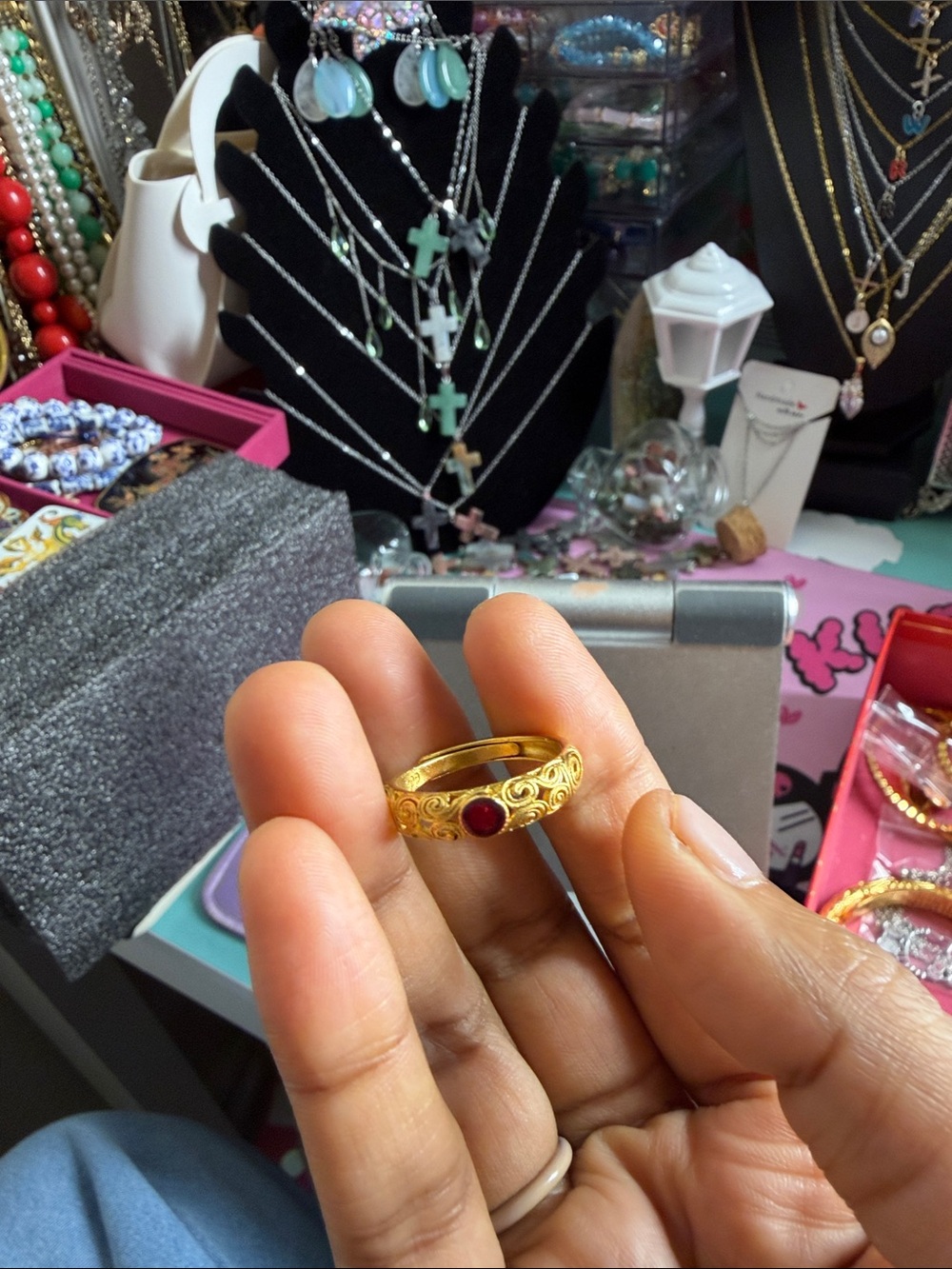 Gold Filigree Ring with Red Stone - Women Jewelry